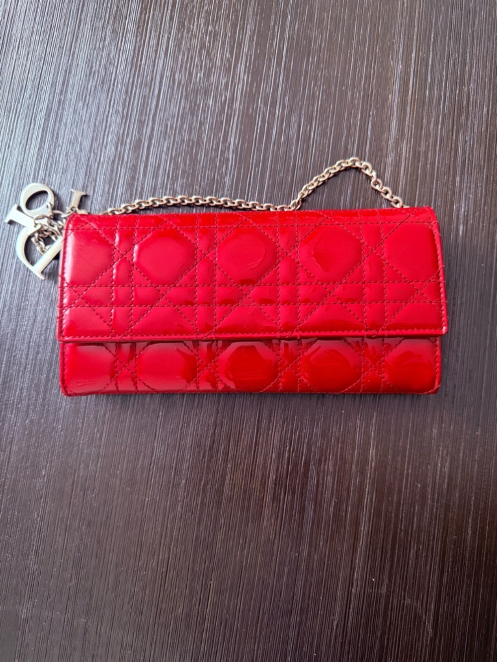 Christian Dior Patent Cannage wallet on chain